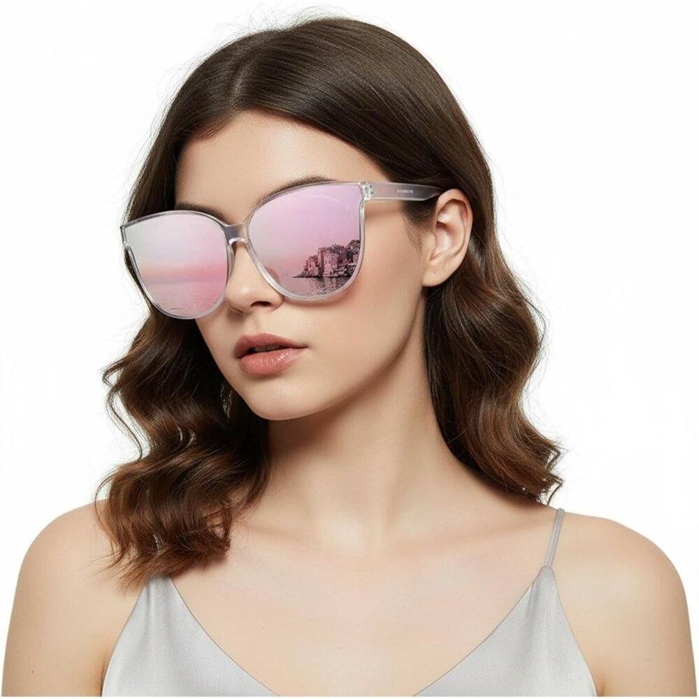 Women's A05 Clear Frame Pink Mirrored Polarized Lens Cat Eyes Sunglasses